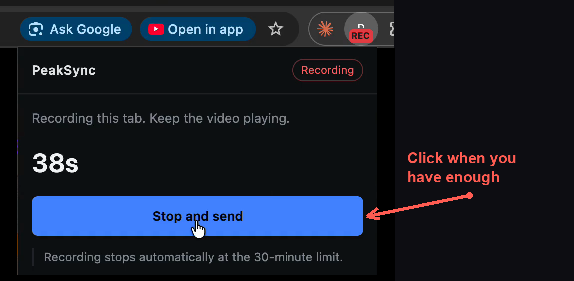 The extension popup while recording, with Stop and send marked