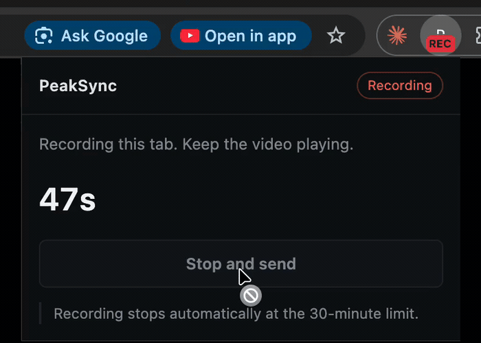 Uploading, then the finished popup offering Open in PeakSync