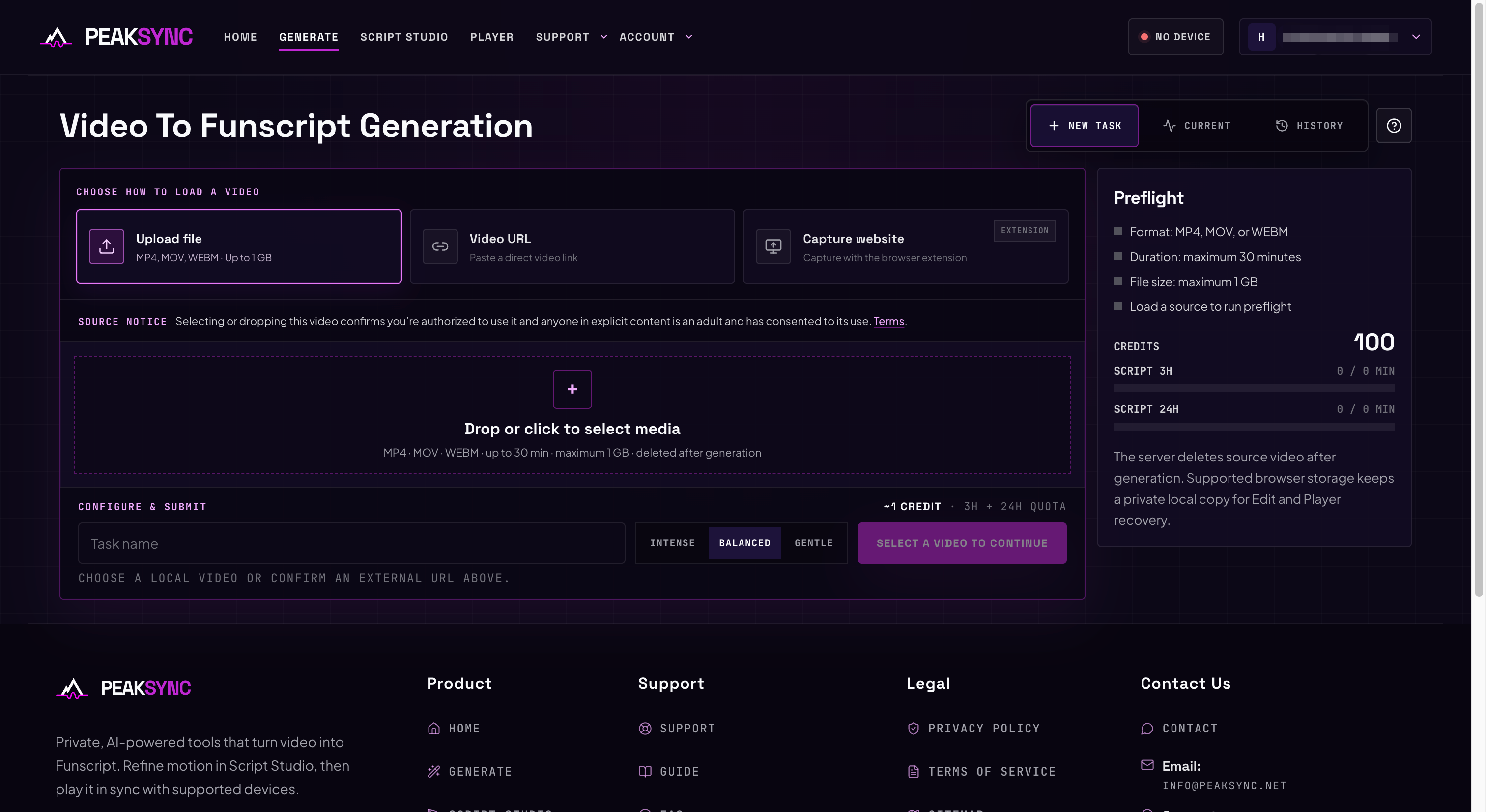 The Generate page showing the three ways to load a video, the source notice, dropzone, and preflight panel