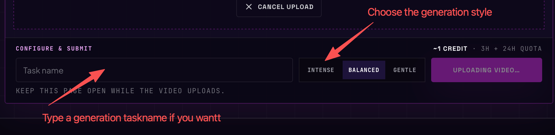 The configure strip: task name, the three styles, and the running cost