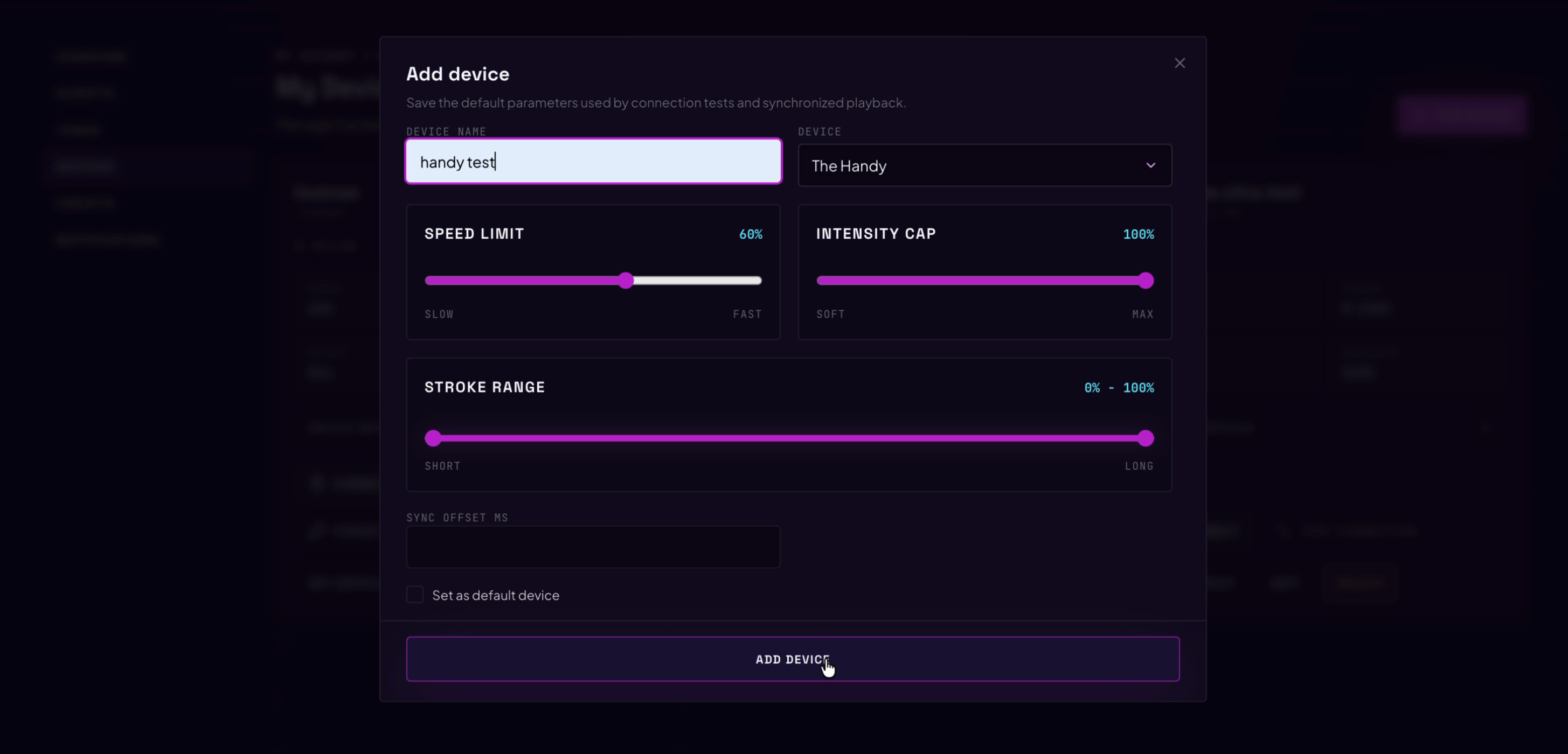 The Add device dialog: name, family, and the three default limits