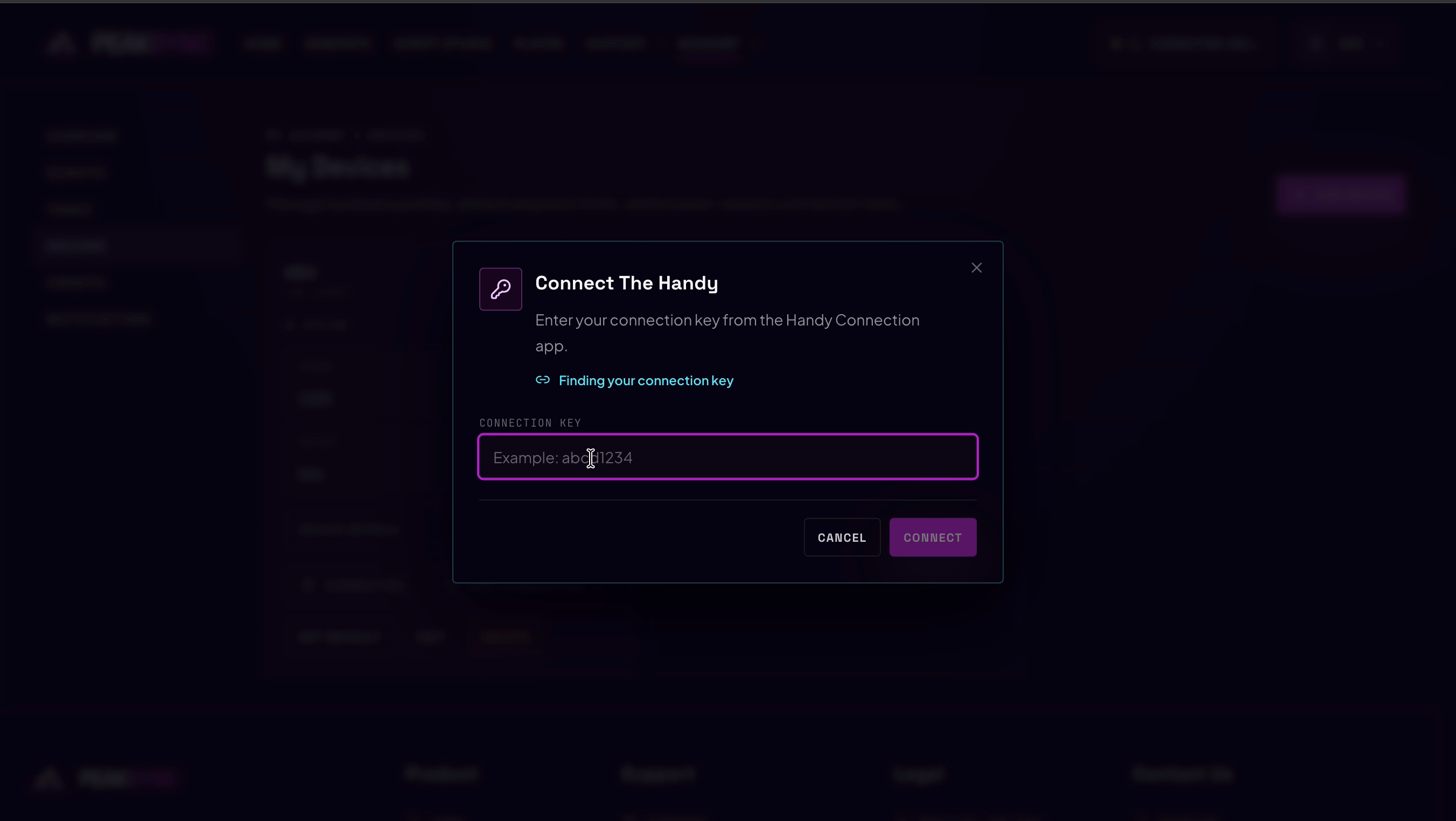 The Connect dialog, asking for a connection key