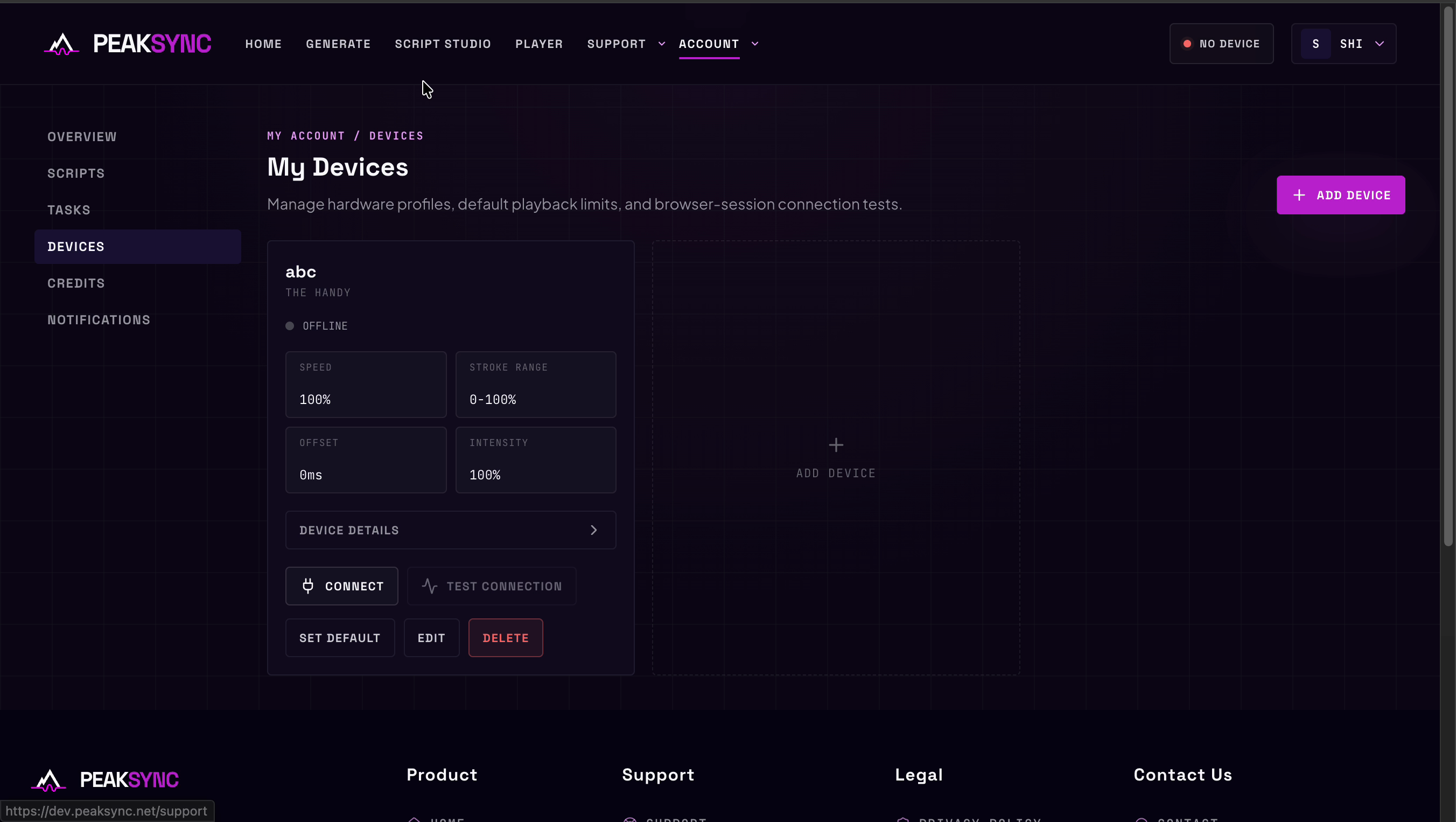 My Devices: a saved profile, reading OFFLINE
