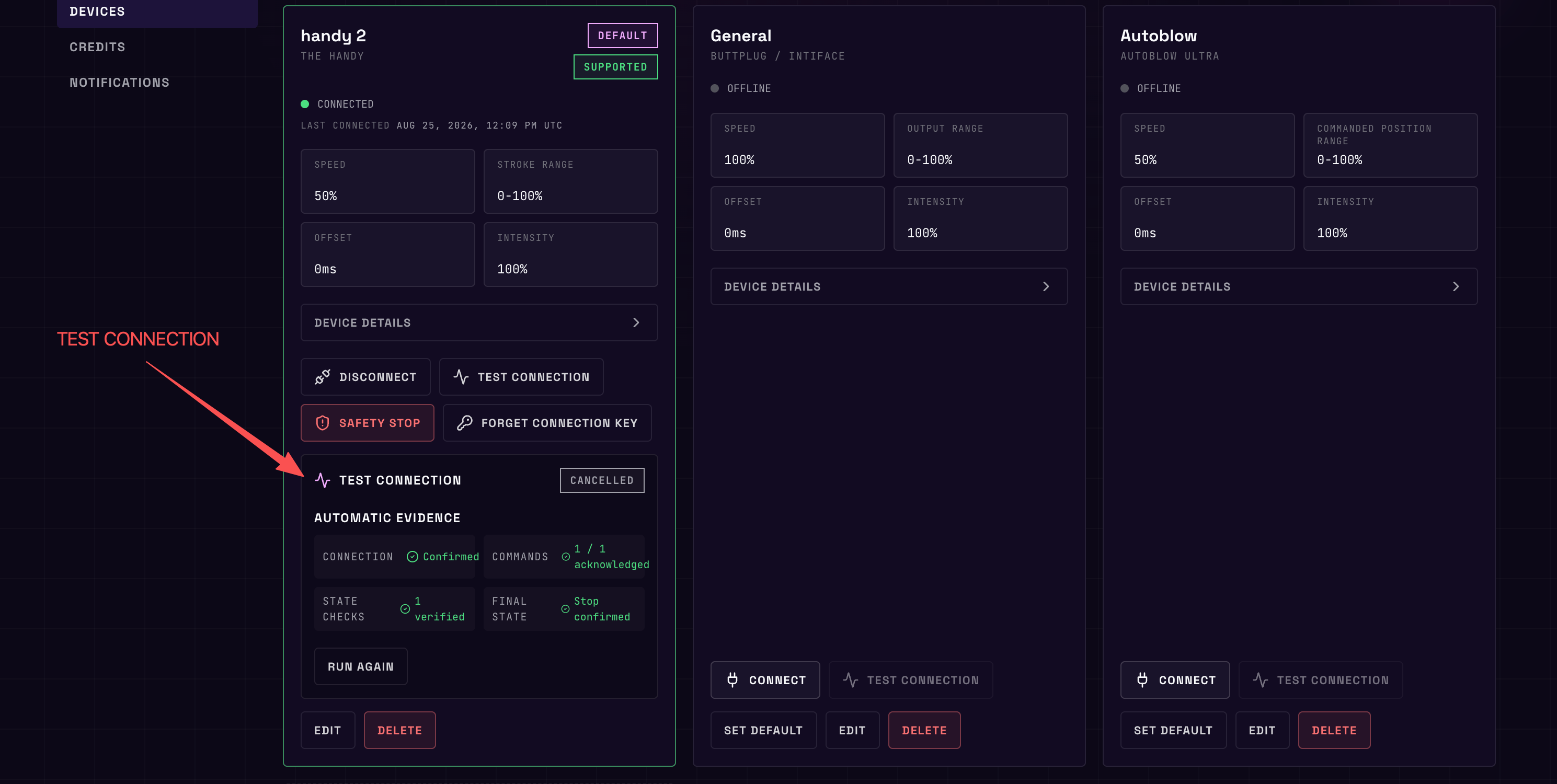A connection test running, with its live log