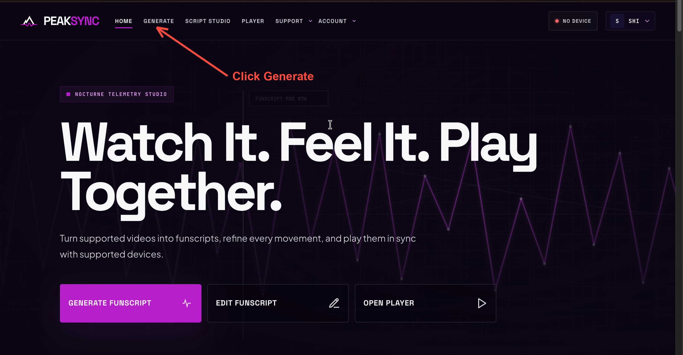 Home page, with Generate highlighted in the navigation