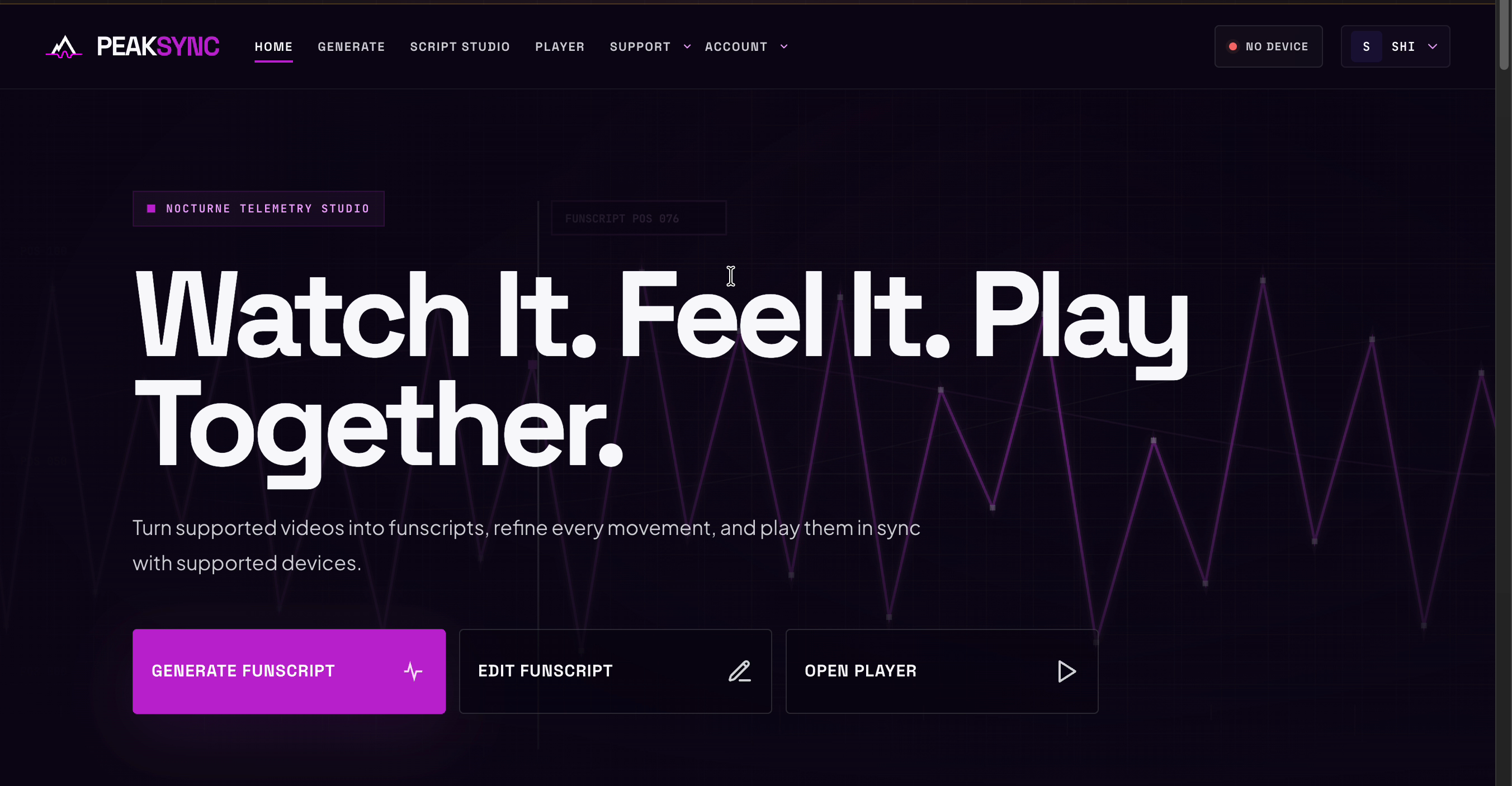 The PeakSync home page, signed in