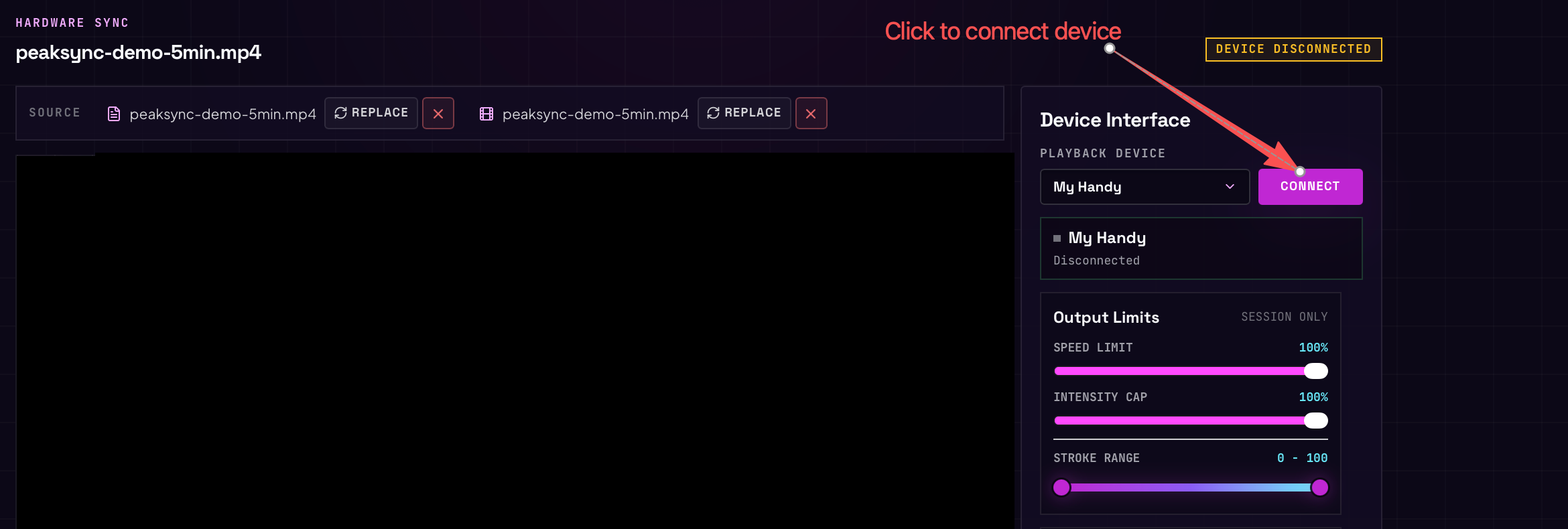 The Device Interface, with Connect highlighted