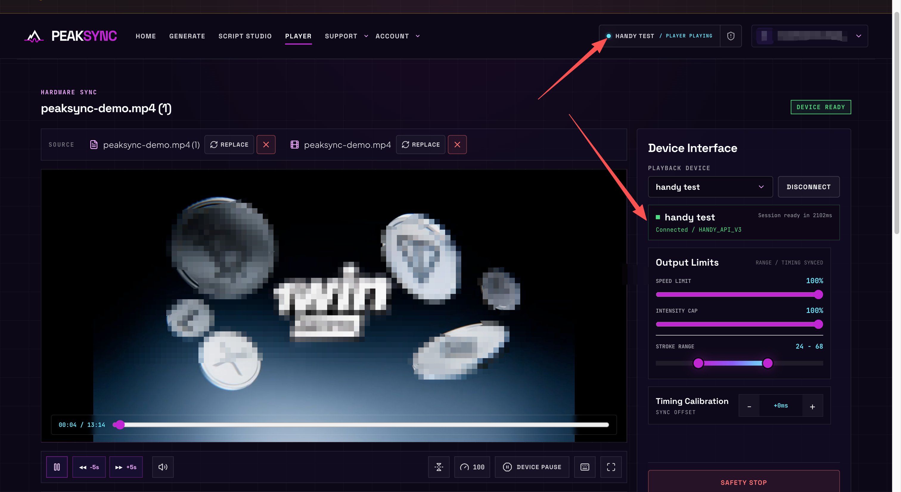 The Player showing Device Ready, Connected status and Player Playing after a successful script sync