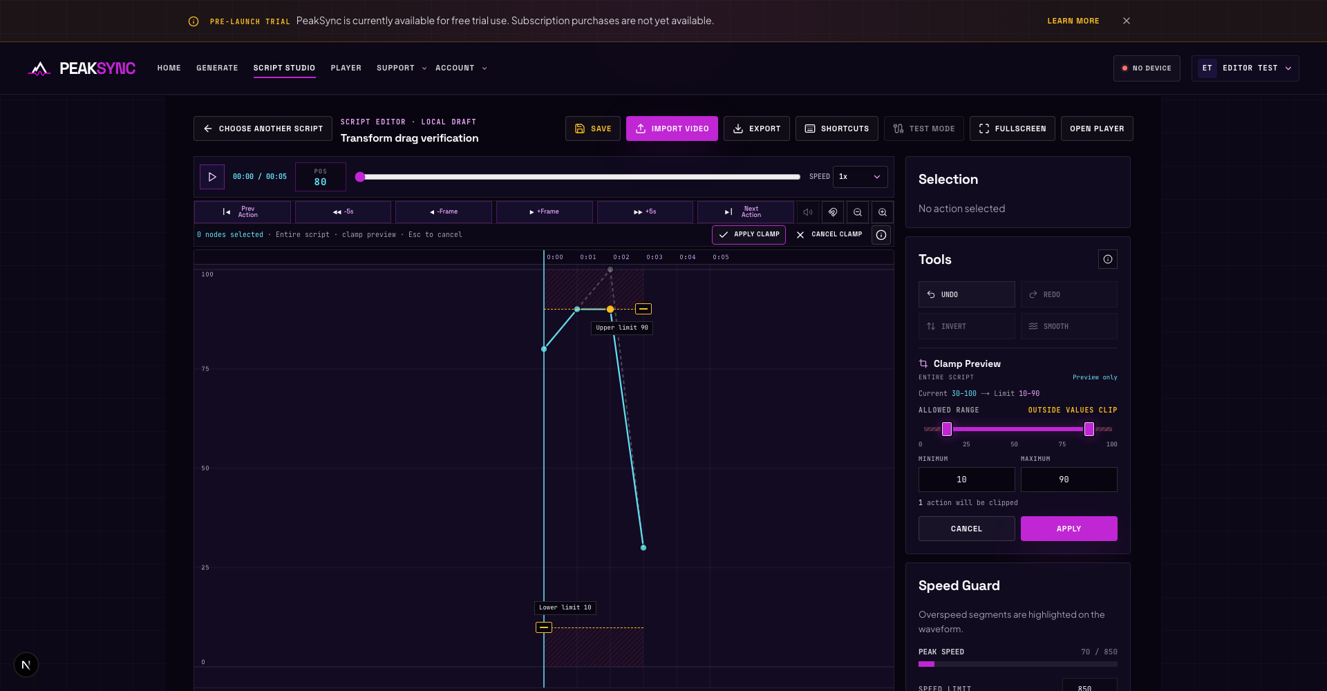 Amber Clamp limits on the waveform, synchronized with the compact sidebar
