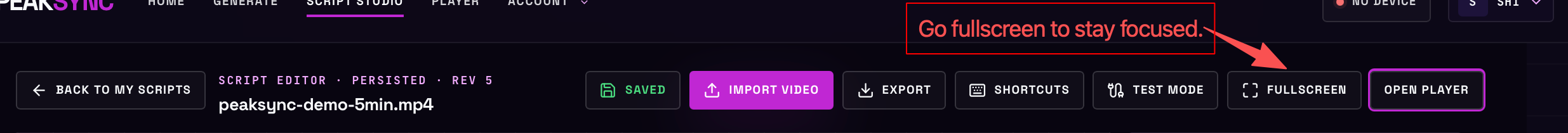 The Script Studio header, with Fullscreen highlighted