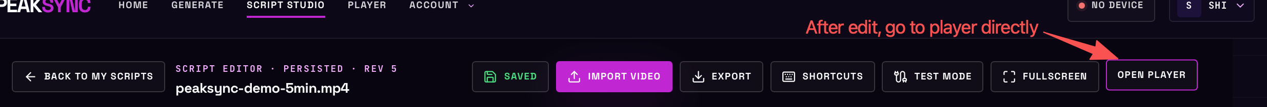 The Script Studio header, with Open Player highlighted